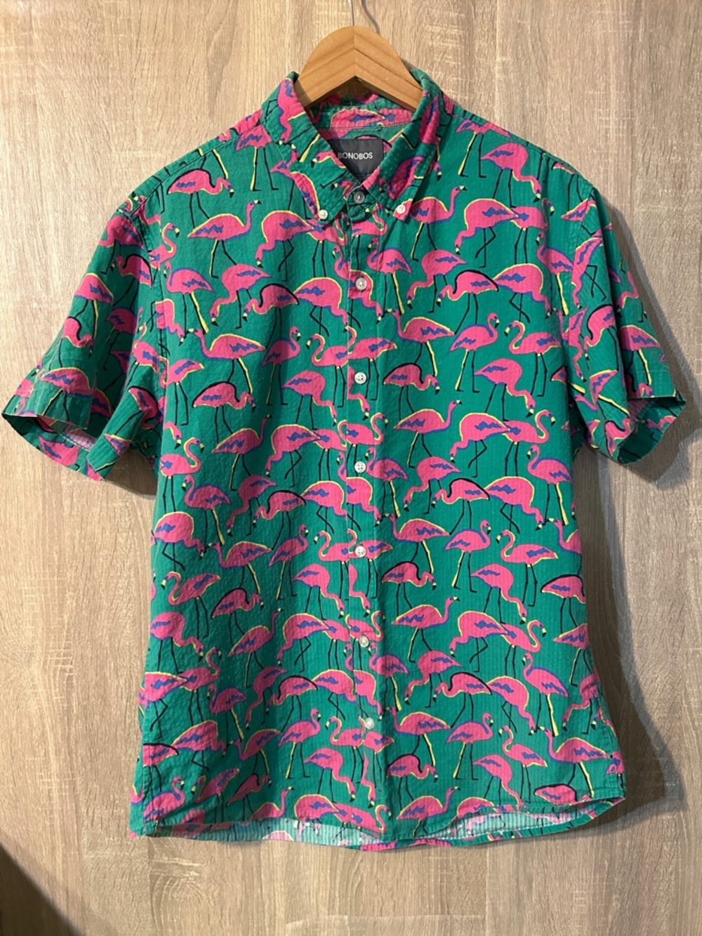 Bonobos Green Short-Sleeve Button-Down Shirt with Pink Flamingo Print Size Large